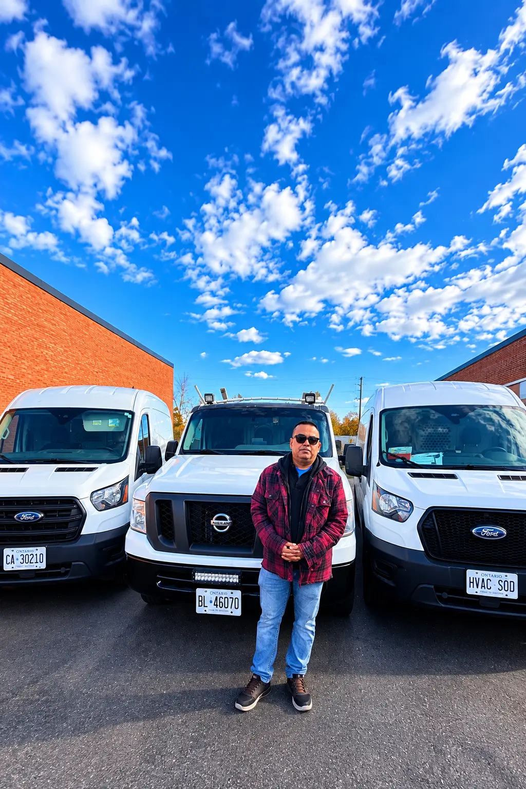 A Just Air team member standing in front of the company's service vans outside the shop