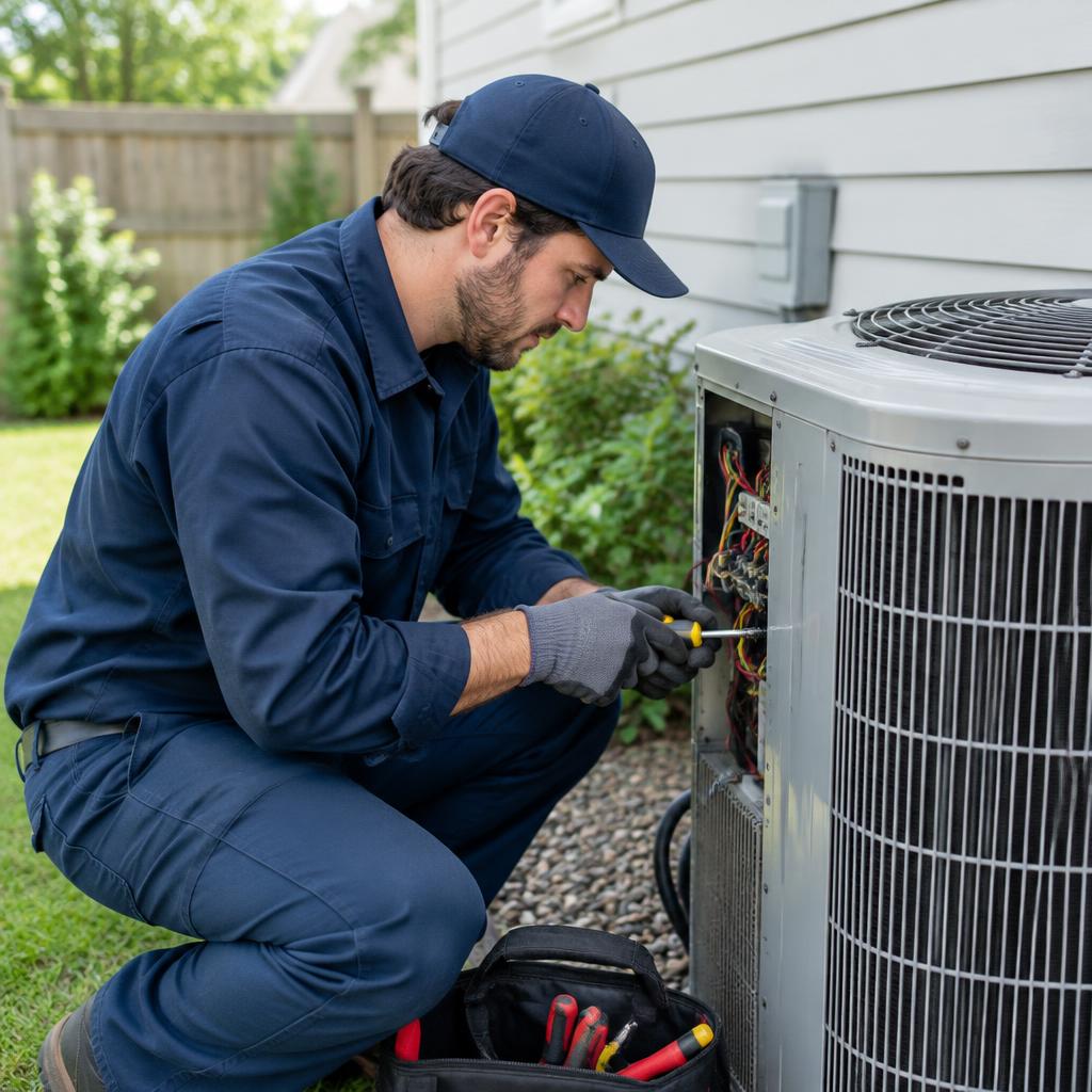 HVAC technician repairing an outdoor air conditioning unit