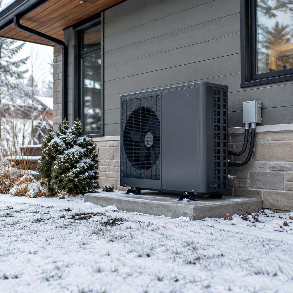 Modern heat pump unit installed outside a home in winter